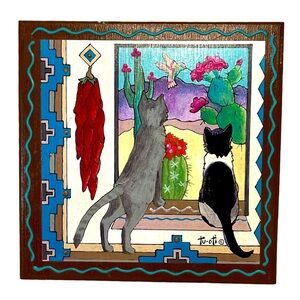 Vintage Hand Painted Tu-oti Terra Cotta Art Tile Cats Southwest